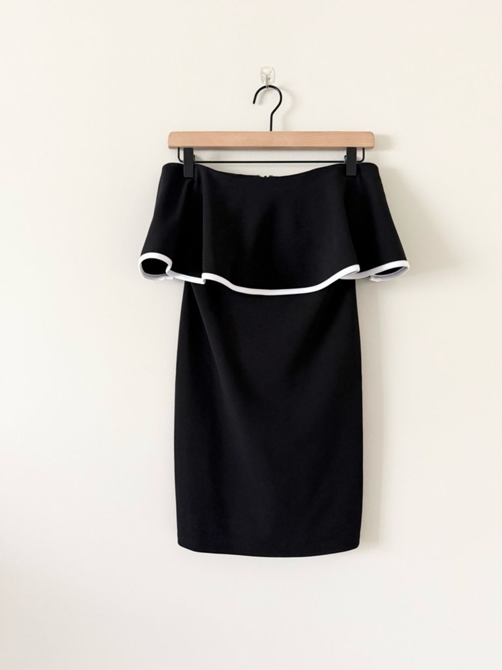 bebe Strapless Mini Dress with Ruffle Neckline Black with White Trim Size S